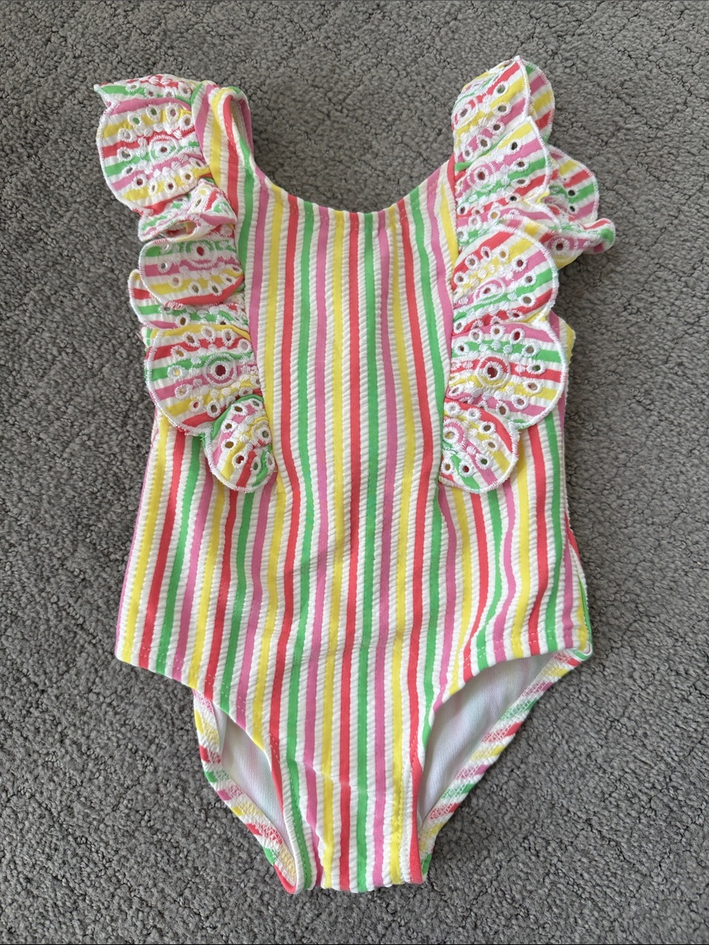 Little Me Pastel Stripe Ruffle One-Piece – Pink, Yellow, Green, White